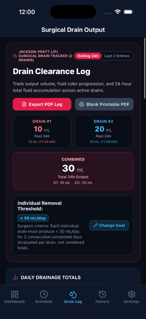 Drain Log Surgical Drain Tracker Screen